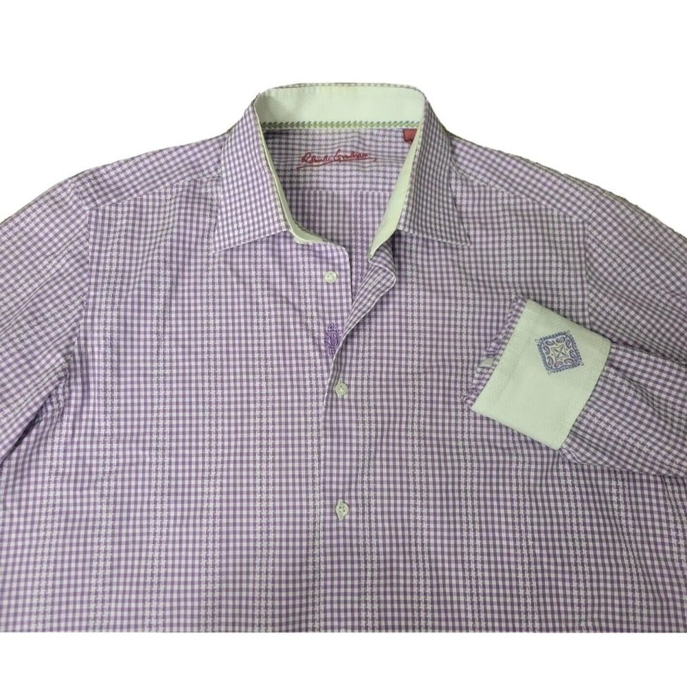 Robert Graham Men's M/L Purple Gingham Button Shirt Long Sleeve Embroidery